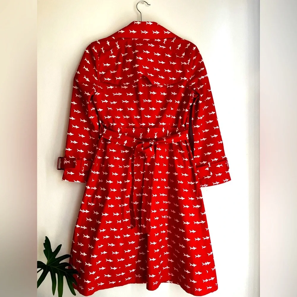 Vintage Red trench coat with white shark print by gsus industries - Picture 2 of 6